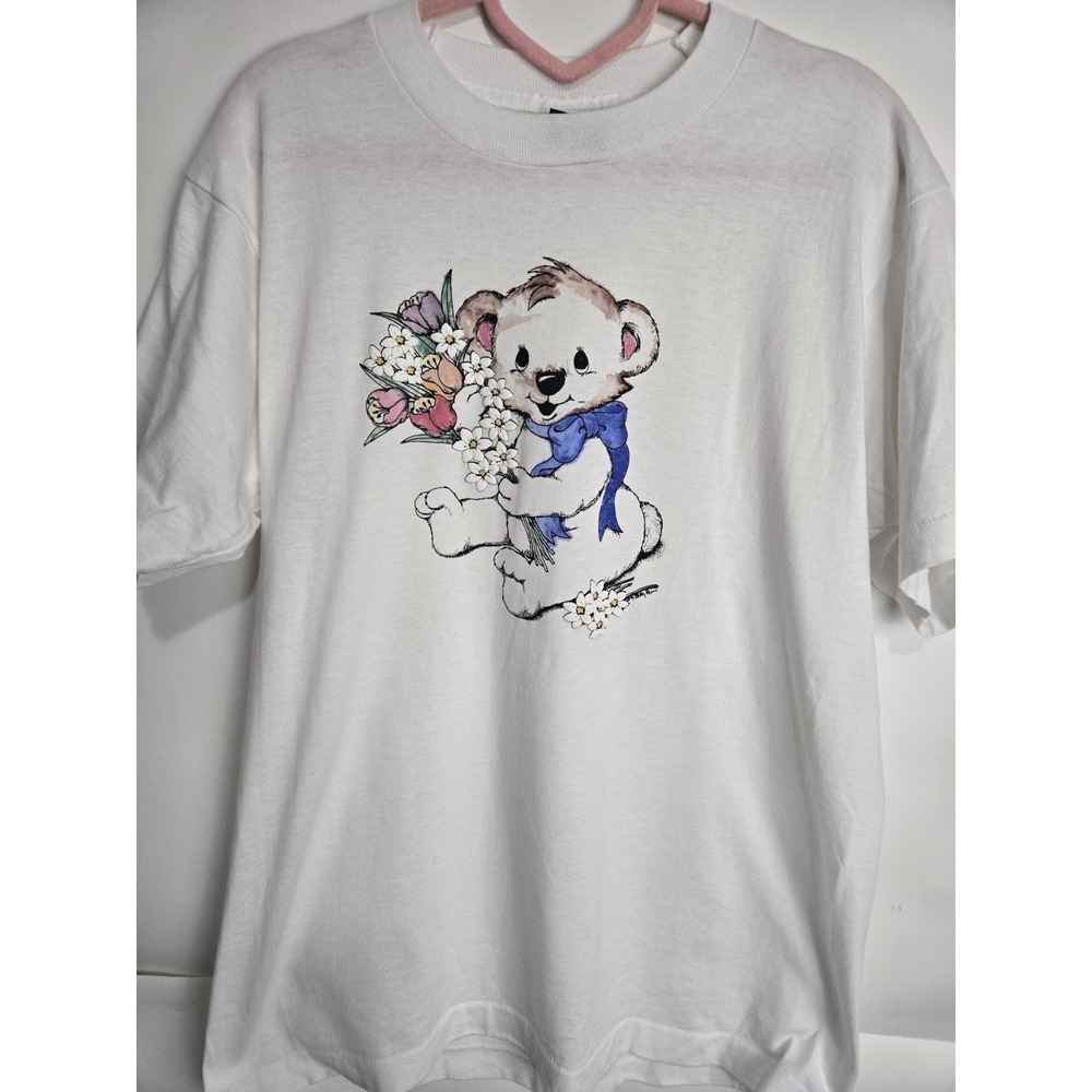 Vintage 90s Cute Bear T-shirt GrannyCore Art Single Stitch Lg Screen Stars Boho